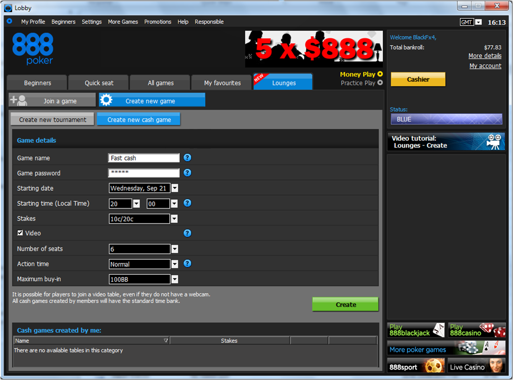 cash game creation
