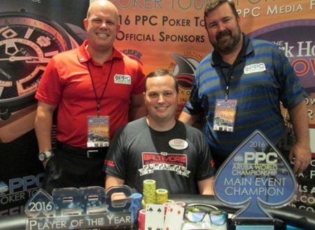 Thomas Swartzburgh and Bryan Oulton with the Main Event winner Stephen Deutsch PPC operators Bryan Oulton and Thomas Swartzburgh