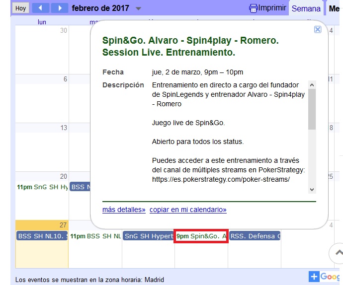 Horario de los entrenamientos