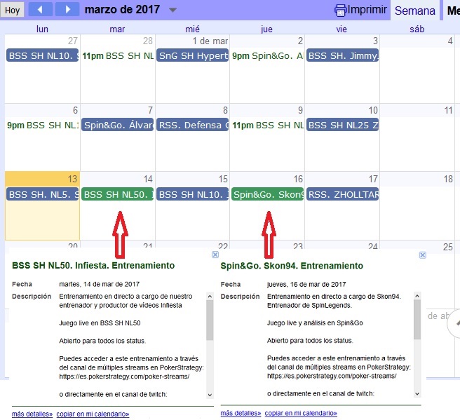 Horario de los entrenamientos