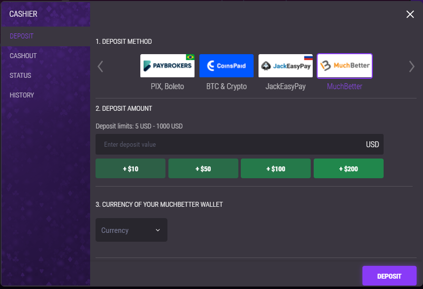 Caixa e op&ccedil;&otilde;es banc&aacute;rias do JackPoker